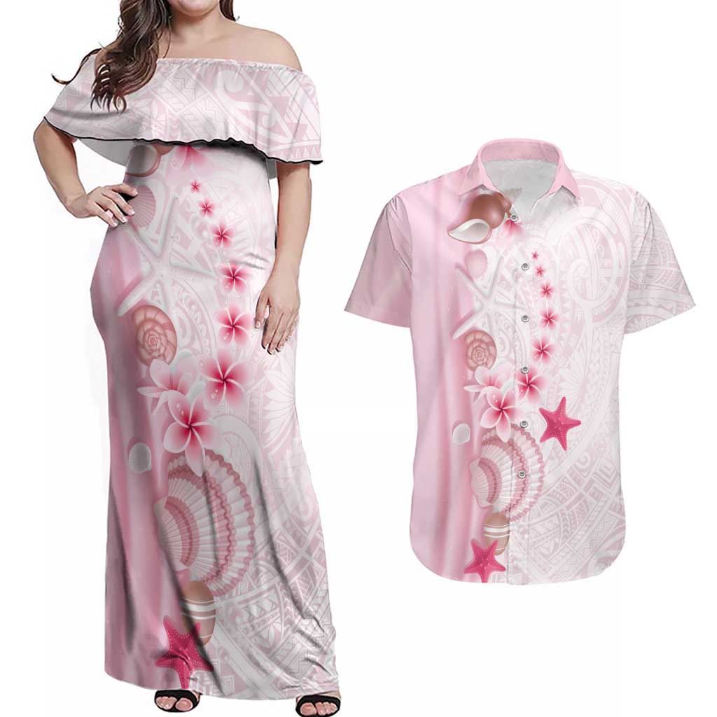 Pink Plumeria Sea Shell Couples Matching Off Shoulder Maxi Dress and Hawaiian Shirt Starfish Polynesian Pattern - Polynesian Pride