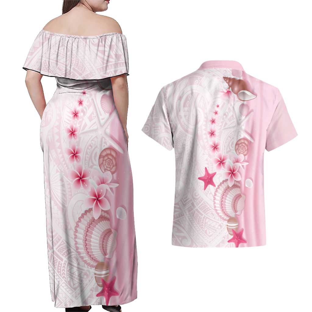 Pink Plumeria Sea Shell Couples Matching Off Shoulder Maxi Dress and Hawaiian Shirt Starfish Polynesian Pattern - Polynesian Pride