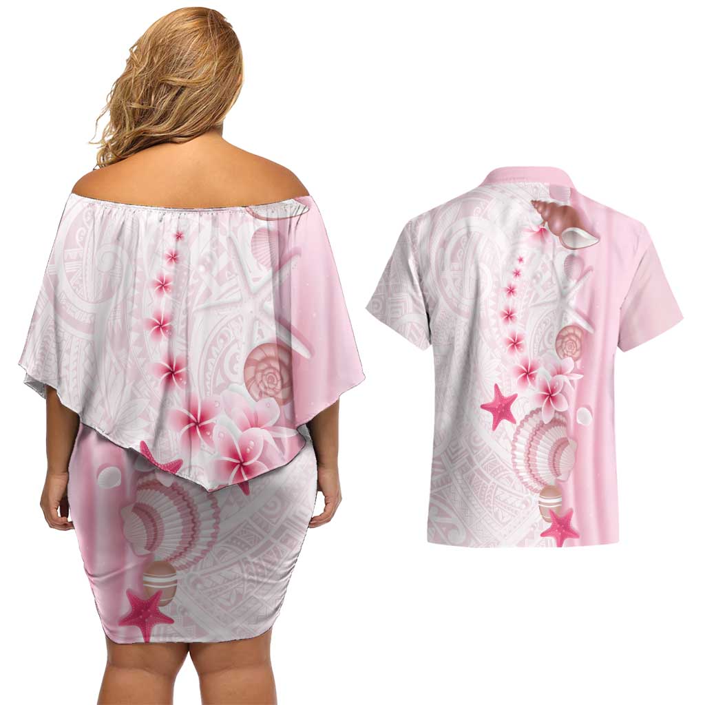 Pink Plumeria Sea Shell Couples Matching Off Shoulder Short Dress and Hawaiian Shirt Starfish Polynesian Pattern - Polynesian Pride