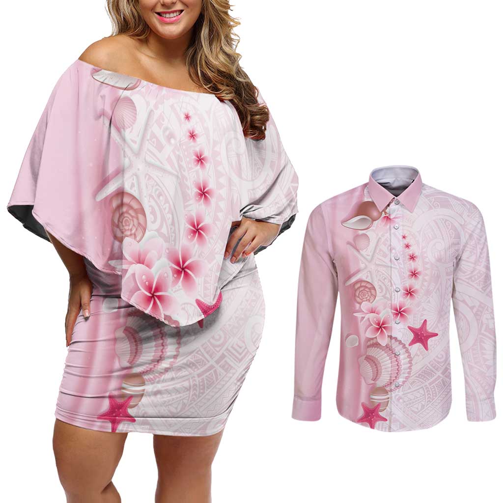 Pink Plumeria Sea Shell Couples Matching Off Shoulder Short Dress and Long Sleeve Button Shirt Starfish Polynesian Pattern - Polynesian Pride