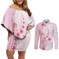 Pink Plumeria Sea Shell Couples Matching Off Shoulder Short Dress and Long Sleeve Button Shirt Starfish Polynesian Pattern - Polynesian Pride