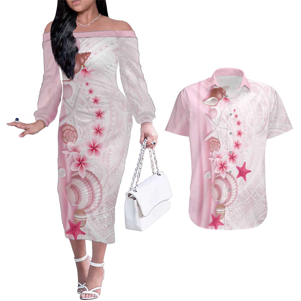 Pink Plumeria Sea Shell Couples Matching Off The Shoulder Long Sleeve Dress and Hawaiian Shirt Starfish Polynesian Pattern - Polynesian Pride