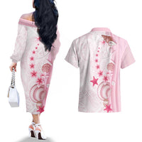 Pink Plumeria Sea Shell Couples Matching Off The Shoulder Long Sleeve Dress and Hawaiian Shirt Starfish Polynesian Pattern - Polynesian Pride