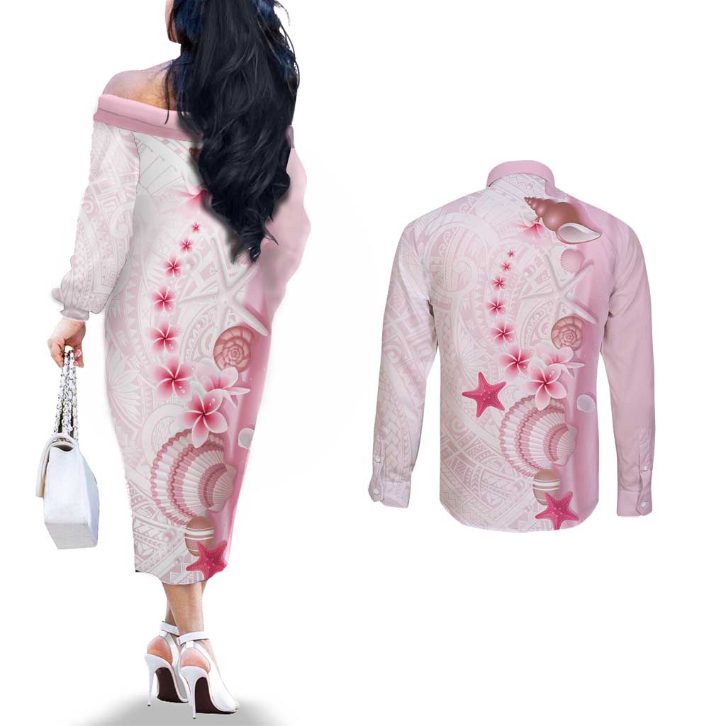 Pink Plumeria Sea Shell Couples Matching Off The Shoulder Long Sleeve Dress and Long Sleeve Button Shirt Starfish Polynesian Pattern - Polynesian Pride