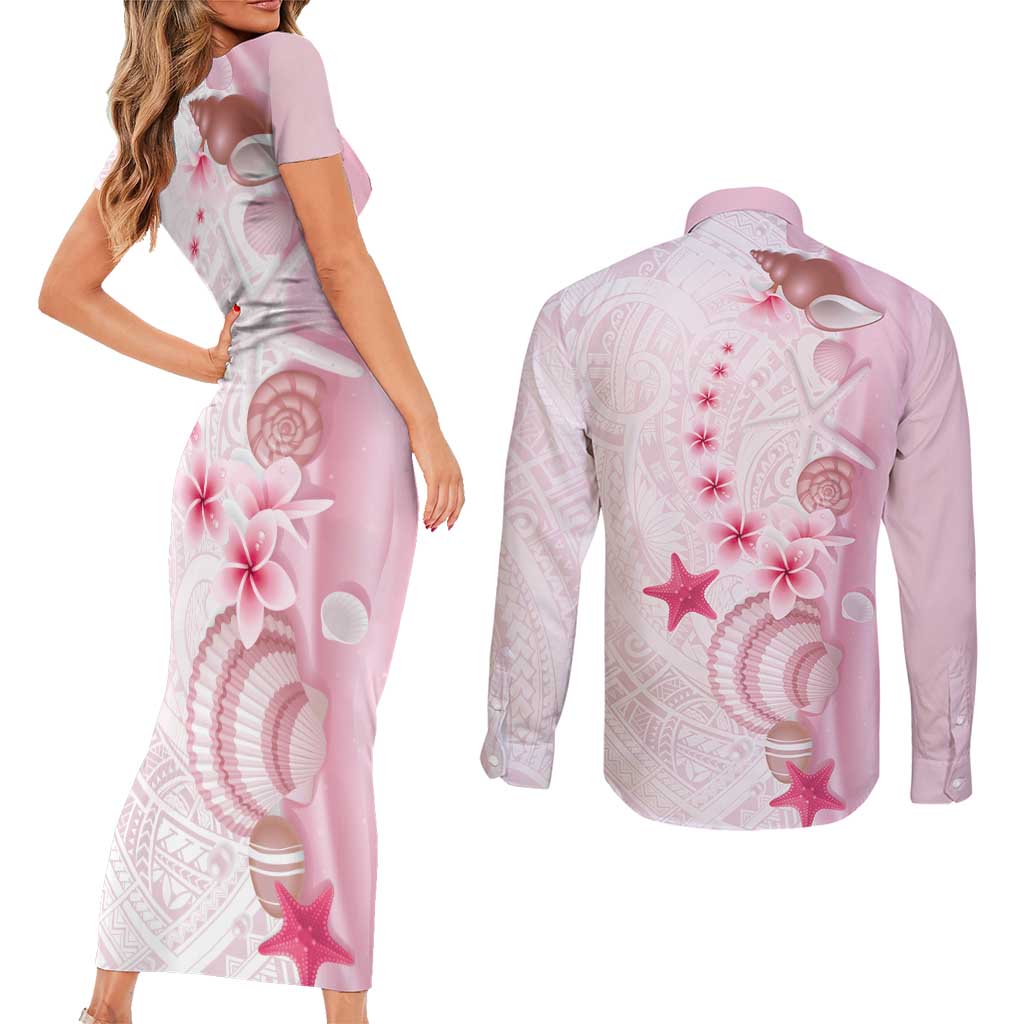 Pink Plumeria Sea Shell Couples Matching Short Sleeve Bodycon Dress and Long Sleeve Button Shirt Starfish Polynesian Pattern - Polynesian Pride