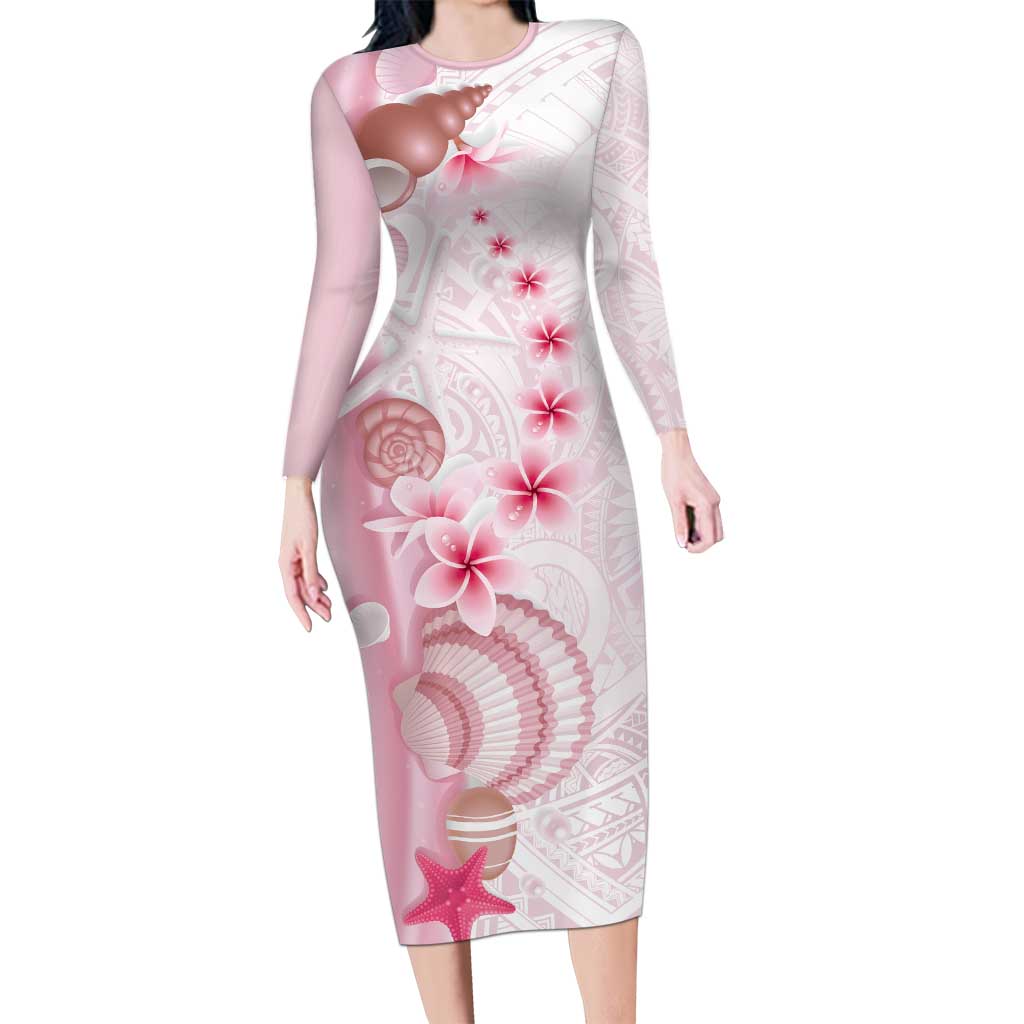 Pink Plumeria Sea Shell Family Matching Long Sleeve Bodycon Dress and Hawaiian Shirt Starfish Polynesian Pattern - Polynesian Pride