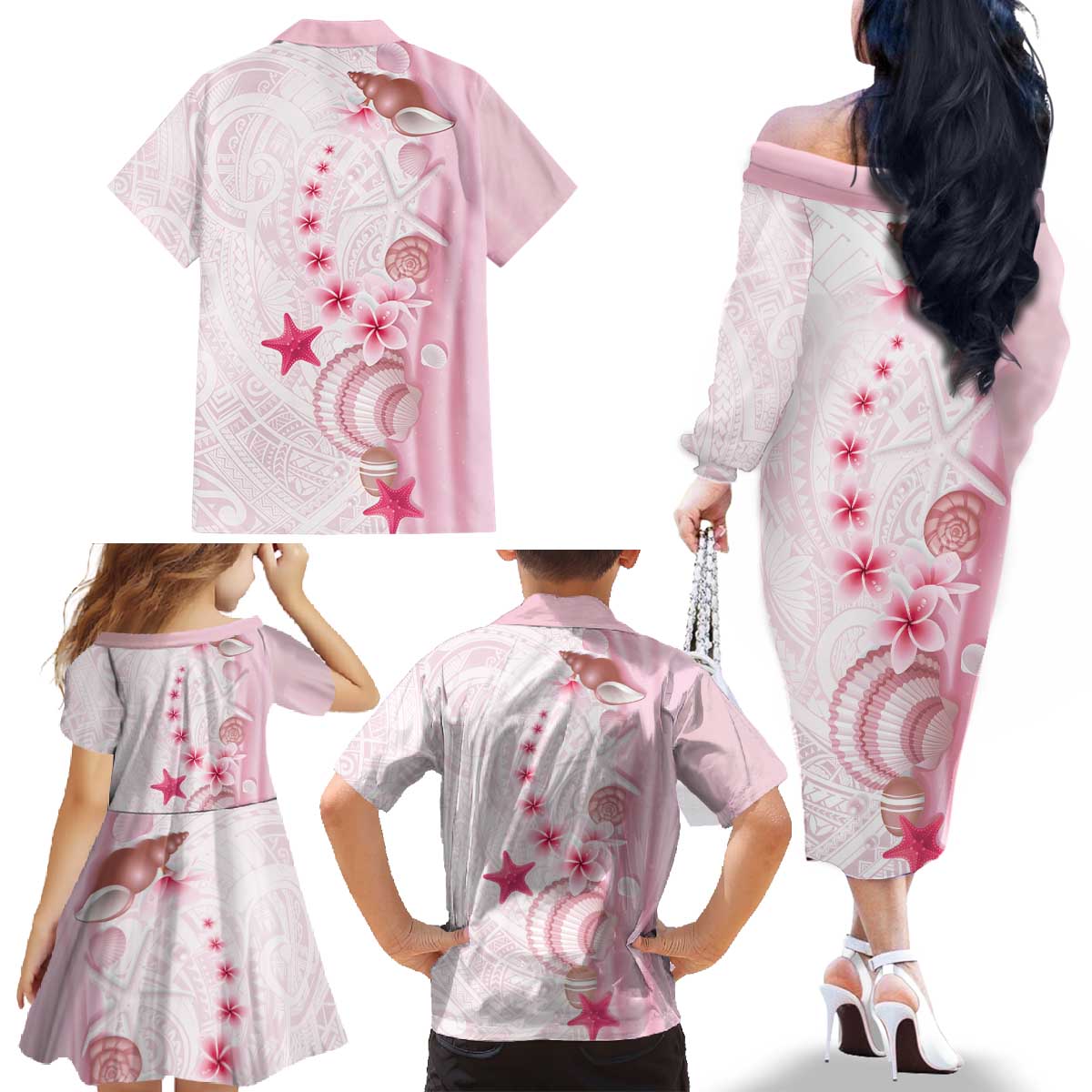 Pink Plumeria Sea Shell Family Matching Off The Shoulder Long Sleeve Dress and Hawaiian Shirt Starfish Polynesian Pattern - Polynesian Pride