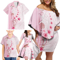 Pink Plumeria Sea Shell Family Matching Off Shoulder Short Dress and Hawaiian Shirt Starfish Polynesian Pattern - Polynesian Pride