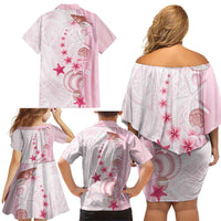 Pink Plumeria Sea Shell Family Matching Off Shoulder Short Dress and Hawaiian Shirt Starfish Polynesian Pattern - Polynesian Pride