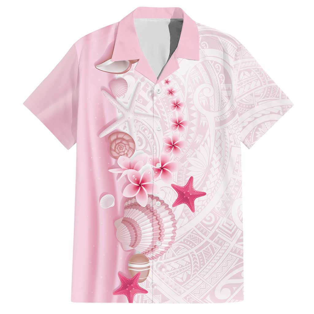 Pink Plumeria Sea Shell Family Matching Short Sleeve Bodycon Dress and Hawaiian Shirt Starfish Polynesian Pattern - Polynesian Pride
