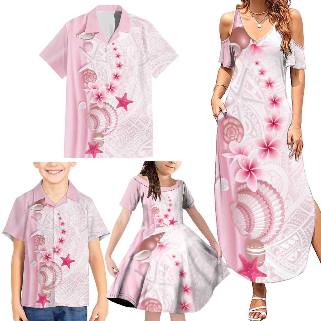 Pink Plumeria Sea Shell Family Matching Summer Maxi Dress and Hawaiian Shirt Starfish Polynesian Pattern - Polynesian Pride