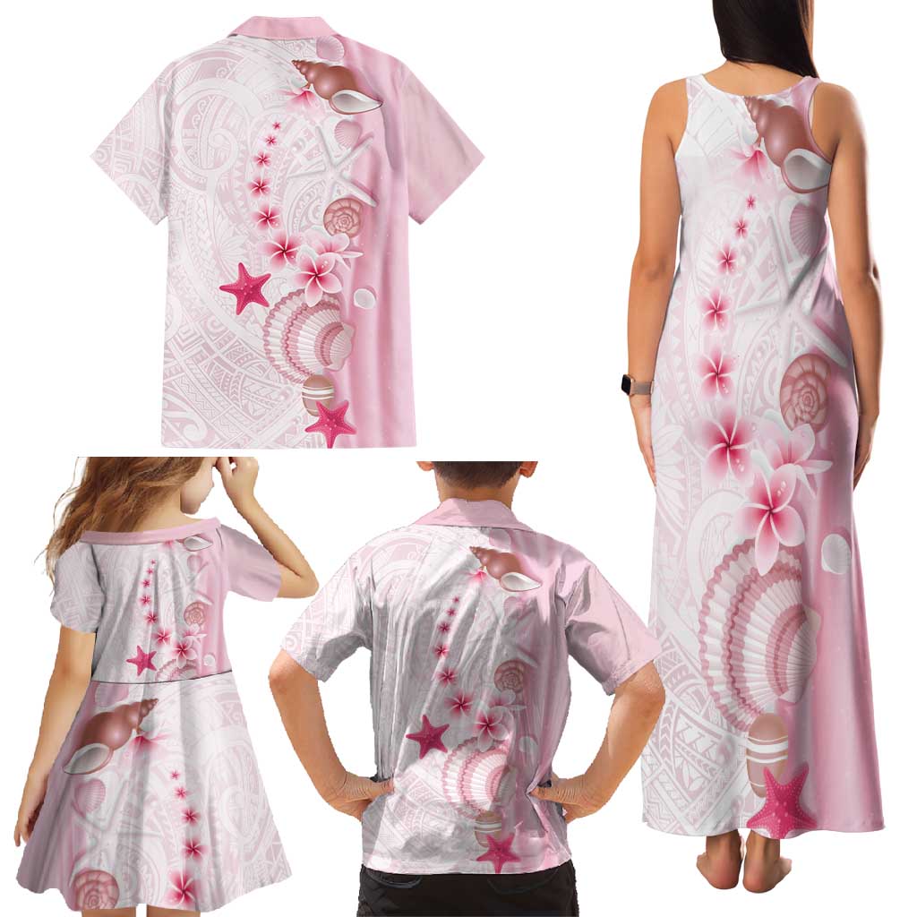Pink Plumeria Sea Shell Family Matching Tank Maxi Dress and Hawaiian Shirt Starfish Polynesian Pattern - Polynesian Pride