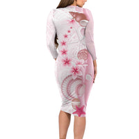 Pink Plumeria Sea Shell Long Sleeve Bodycon Dress Starfish Polynesian Pattern - Polynesian Pride