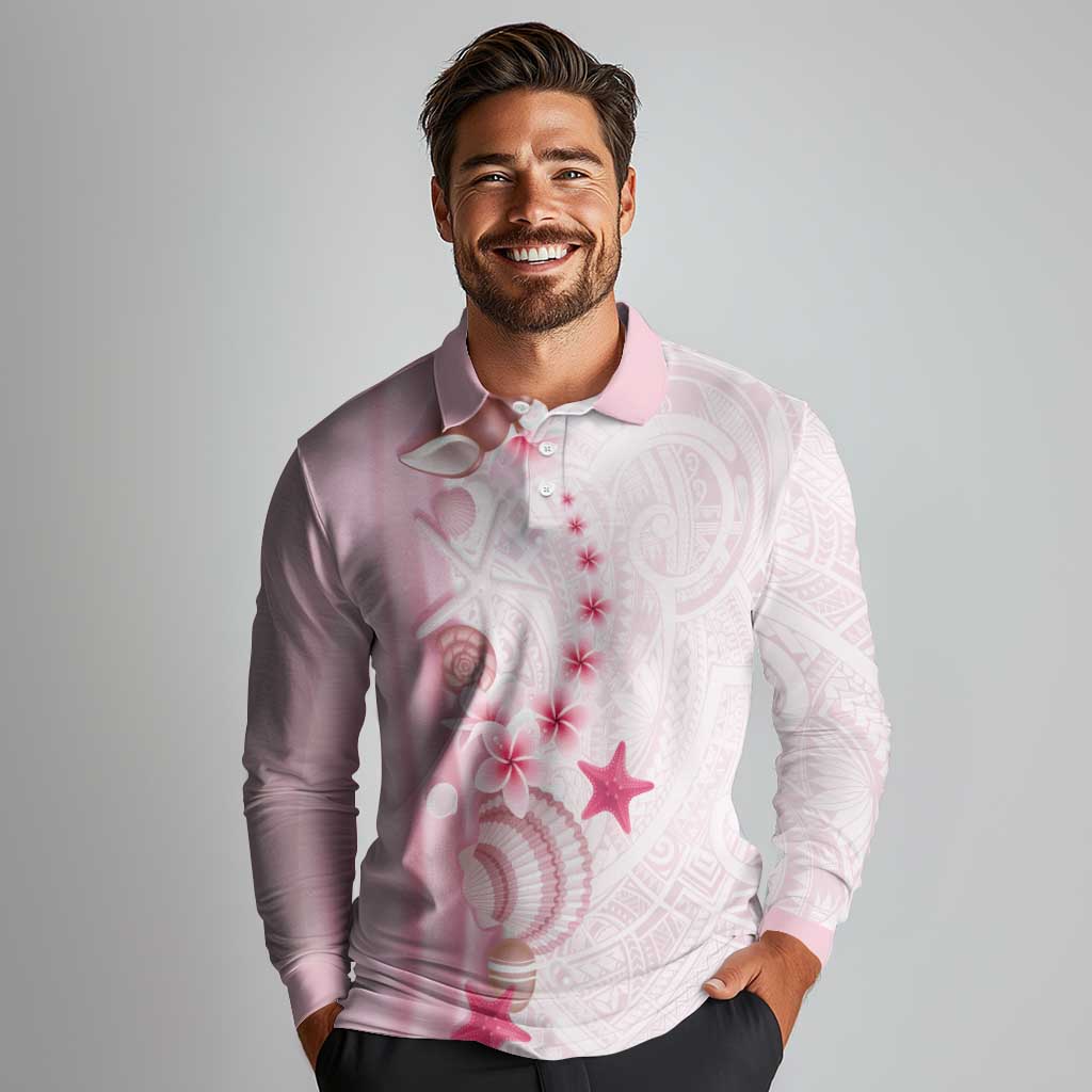 Pink Plumeria Sea Shell Long Sleeve Polo Shirt Starfish Polynesian Pattern - Polynesian Pride