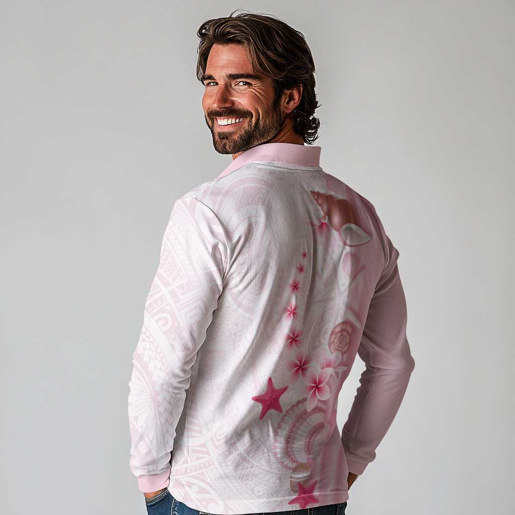 Pink Plumeria Sea Shell Long Sleeve Polo Shirt Starfish Polynesian Pattern - Polynesian Pride