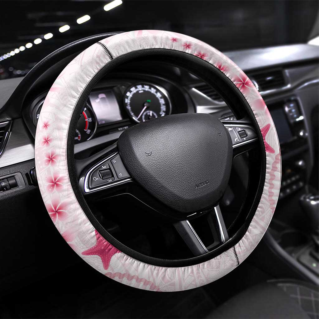 Pink Plumeria Sea Shell Steering Wheel Cover Starfish Polynesian Pattern - Polynesian Pride