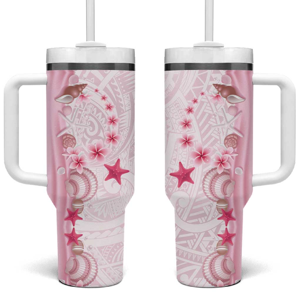 Pink Plumeria Sea Shell Tumbler With Handle Starfish Polynesian Pattern - Polynesian Pride