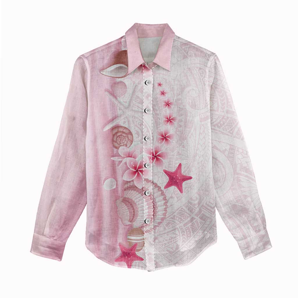 Pink Plumeria Sea Shell Women Casual Shirt Starfish Polynesian Pattern - Polynesian Pride