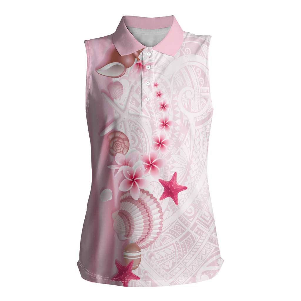 Pink Plumeria Sea Shell Women Sleeveless Polo Shirt Starfish Polynesian Pattern - Polynesian Pride