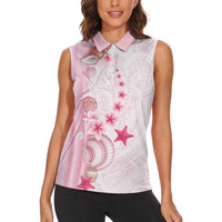 Pink Plumeria Sea Shell Women Sleeveless Polo Shirt Starfish Polynesian Pattern - Polynesian Pride