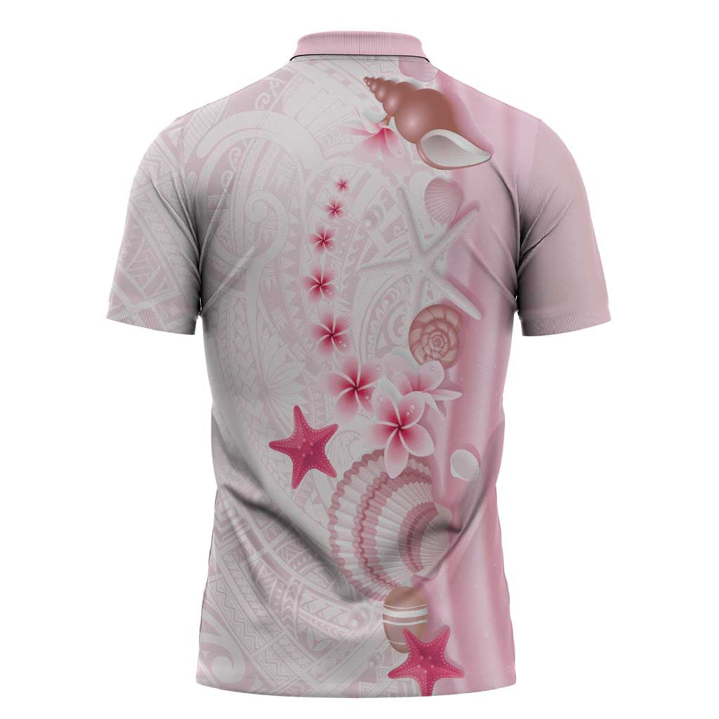 Pink Plumeria Sea Shell Zipper Polo Shirt Starfish Polynesian Pattern - Polynesian Pride