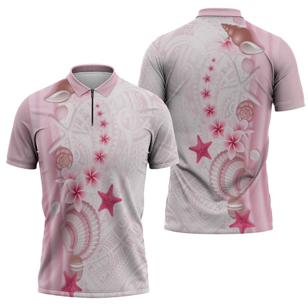 Pink Plumeria Sea Shell Zipper Polo Shirt Starfish Polynesian Pattern - Polynesian Pride