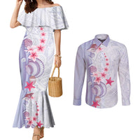 Purple Plumeria Sea Shell Couples Matching Mermaid Dress and Long Sleeve Button Shirt Starfish Polynesian Pattern - Polynesian Pride
