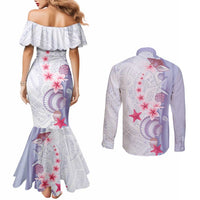 Purple Plumeria Sea Shell Couples Matching Mermaid Dress and Long Sleeve Button Shirt Starfish Polynesian Pattern - Polynesian Pride