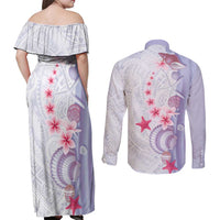 Purple Plumeria Sea Shell Couples Matching Off Shoulder Maxi Dress and Long Sleeve Button Shirt Starfish Polynesian Pattern - Polynesian Pride