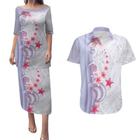 Purple Plumeria Sea Shell Couples Matching Puletasi and Hawaiian Shirt Starfish Polynesian Pattern - Polynesian Pride
