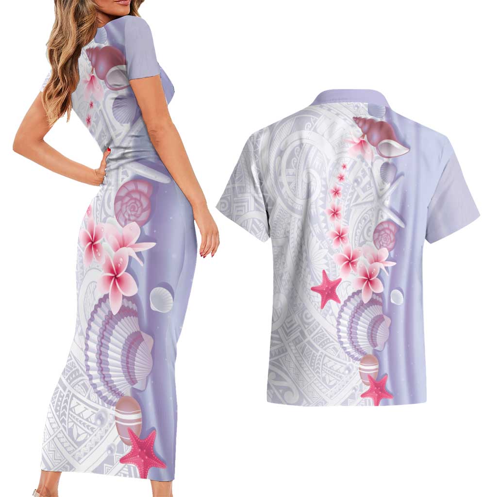 Purple Plumeria Sea Shell Couples Matching Short Sleeve Bodycon Dress and Hawaiian Shirt Starfish Polynesian Pattern - Polynesian Pride