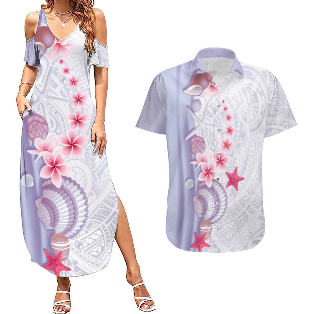 Purple Plumeria Sea Shell Couples Matching Summer Maxi Dress and Hawaiian Shirt Starfish Polynesian Pattern - Polynesian Pride