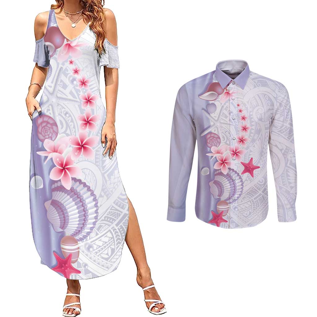 Purple Plumeria Sea Shell Couples Matching Summer Maxi Dress and Long Sleeve Button Shirt Starfish Polynesian Pattern - Polynesian Pride