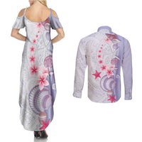Purple Plumeria Sea Shell Couples Matching Summer Maxi Dress and Long Sleeve Button Shirt Starfish Polynesian Pattern - Polynesian Pride