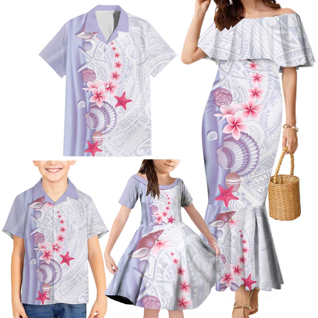 Purple Plumeria Sea Shell Family Matching Mermaid Dress and Hawaiian Shirt Starfish Polynesian Pattern - Polynesian Pride