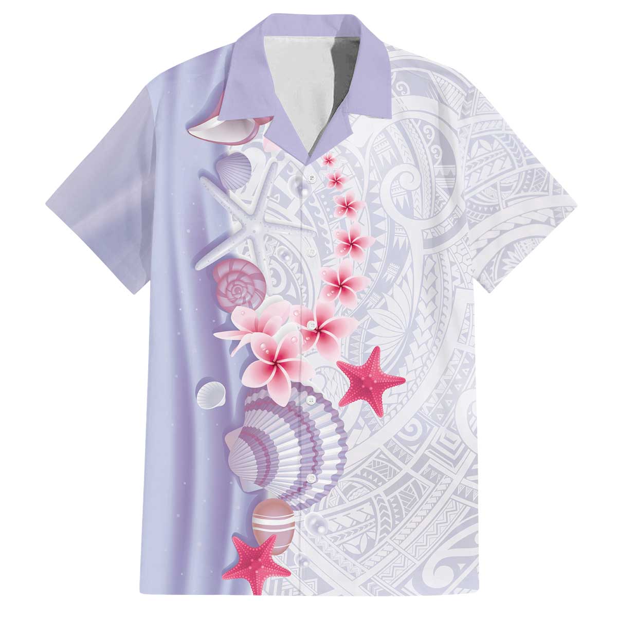 Purple Plumeria Sea Shell Family Matching Off The Shoulder Long Sleeve Dress and Hawaiian Shirt Starfish Polynesian Pattern - Polynesian Pride