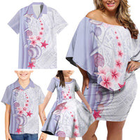 Purple Plumeria Sea Shell Family Matching Off Shoulder Short Dress and Hawaiian Shirt Starfish Polynesian Pattern - Polynesian Pride