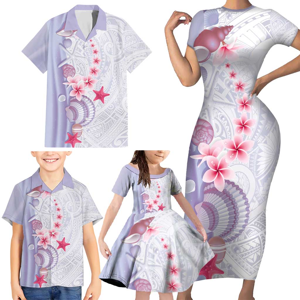 Purple Plumeria Sea Shell Family Matching Short Sleeve Bodycon Dress and Hawaiian Shirt Starfish Polynesian Pattern - Polynesian Pride