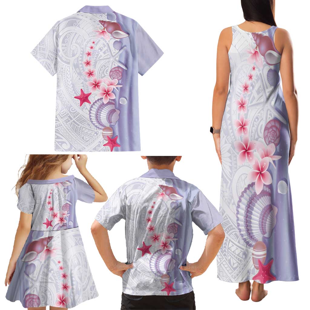 Purple Plumeria Sea Shell Family Matching Tank Maxi Dress and Hawaiian Shirt Starfish Polynesian Pattern - Polynesian Pride