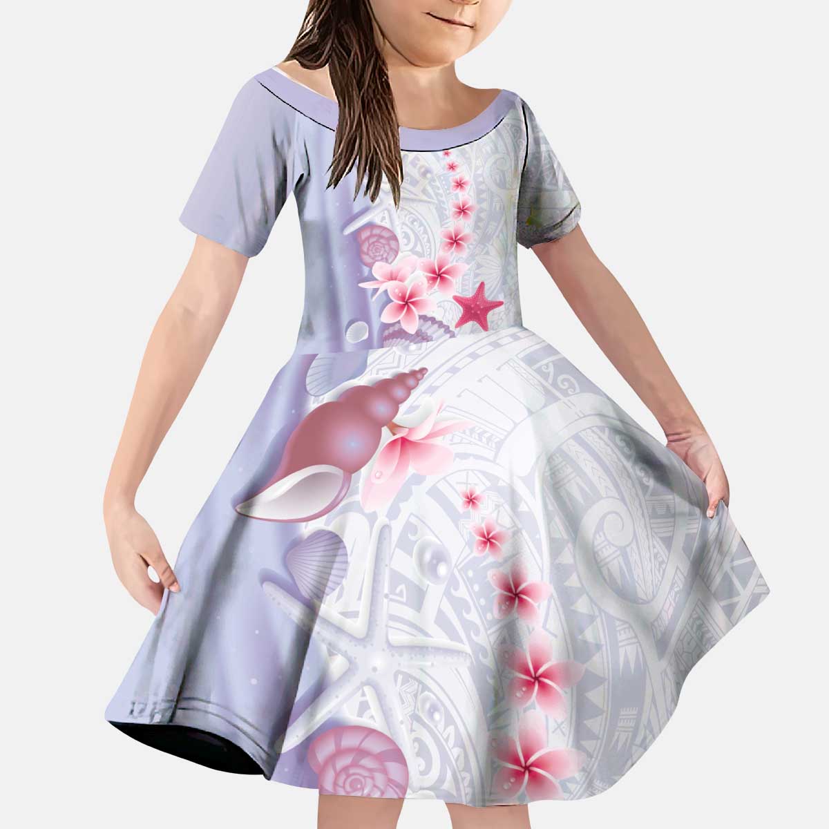 Purple Plumeria Sea Shell Kid Short Sleeve Dress Starfish Polynesian Pattern - Polynesian Pride