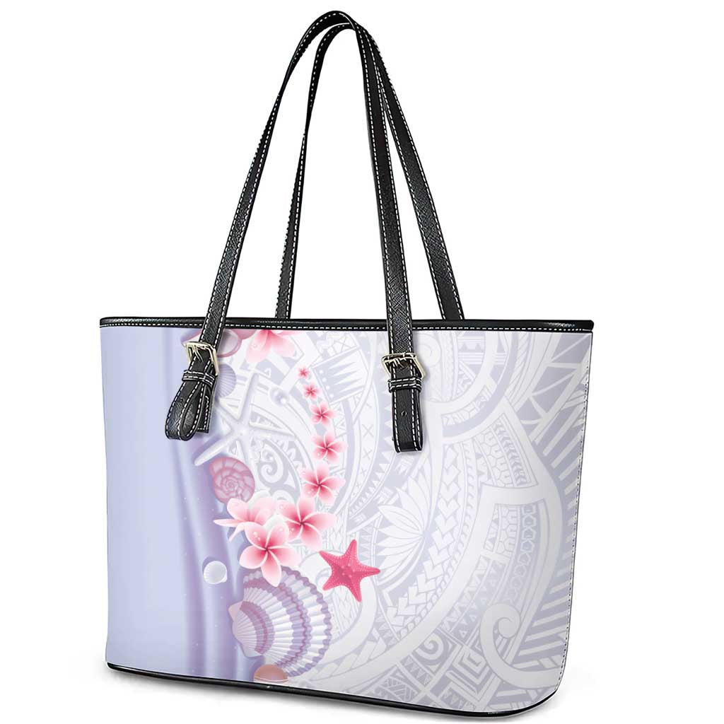 Purple Plumeria Sea Shell Leather Tote Bag Starfish Polynesian Pattern - Polynesian Pride