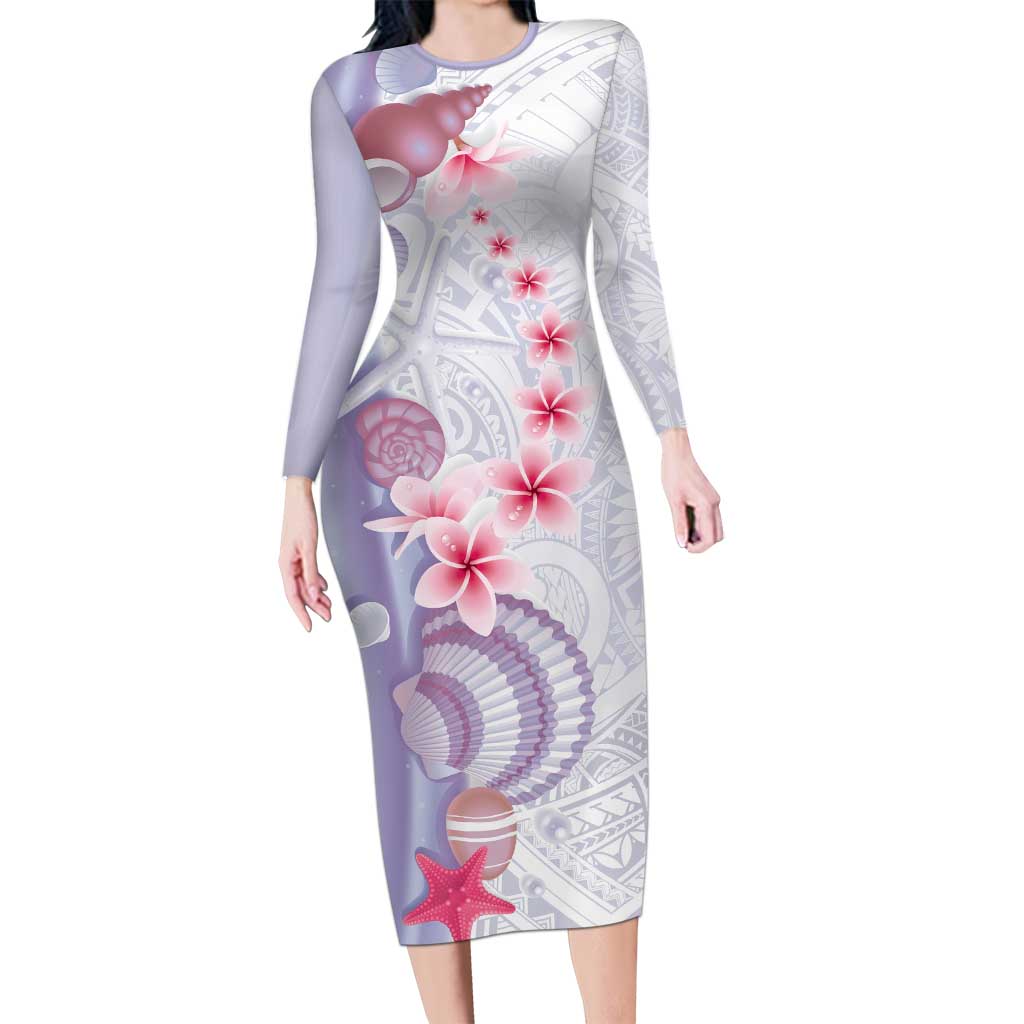 Purple Plumeria Sea Shell Long Sleeve Bodycon Dress Starfish Polynesian Pattern - Polynesian Pride