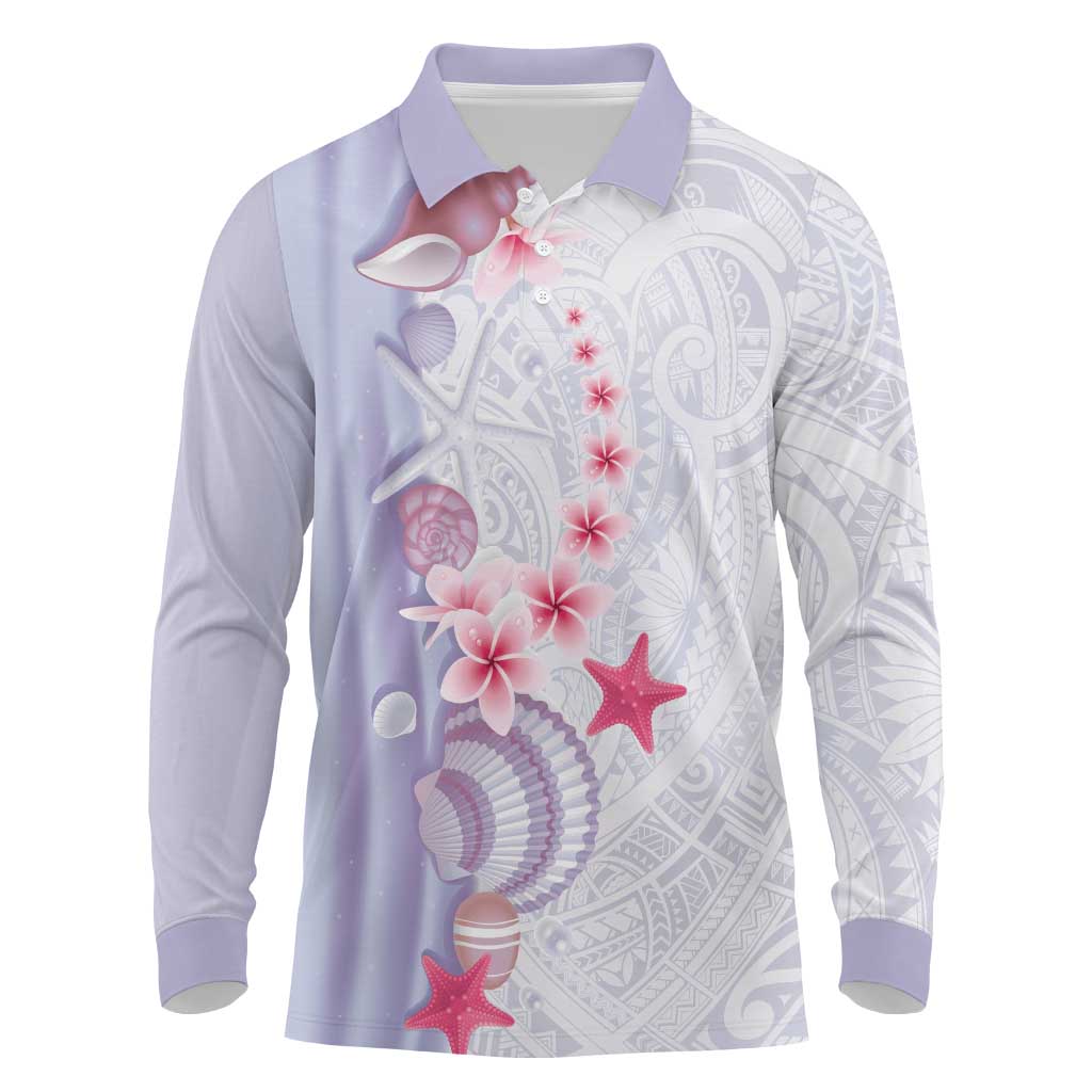 Purple Plumeria Sea Shell Long Sleeve Polo Shirt Starfish Polynesian Pattern - Polynesian Pride