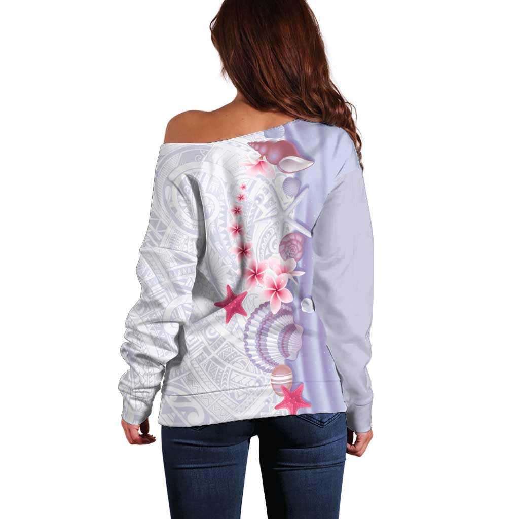 Purple Plumeria Sea Shell Off Shoulder Sweater Starfish Polynesian Pattern - Polynesian Pride