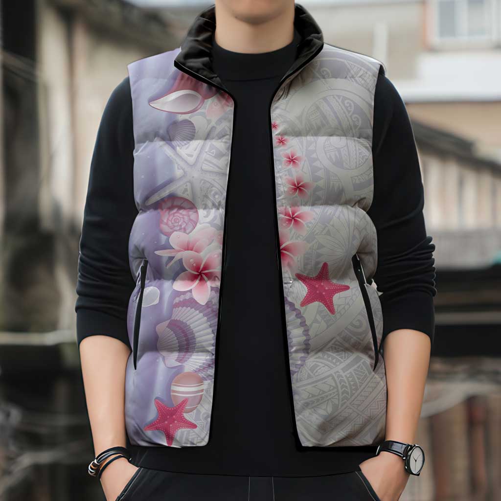 Purple Plumeria Sea Shell Sleeveless Puffer Jacket Starfish Polynesian Pattern - Polynesian Pride