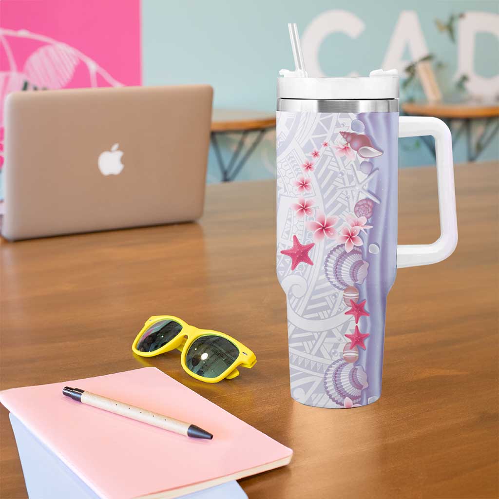 Purple Plumeria Sea Shell Tumbler With Handle Starfish Polynesian Pattern - Polynesian Pride