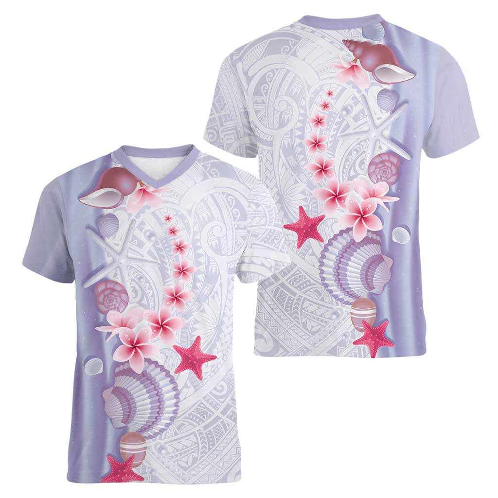 Purple Plumeria Sea Shell Women V-Neck T-Shirt Starfish Polynesian Pattern - Polynesian Pride