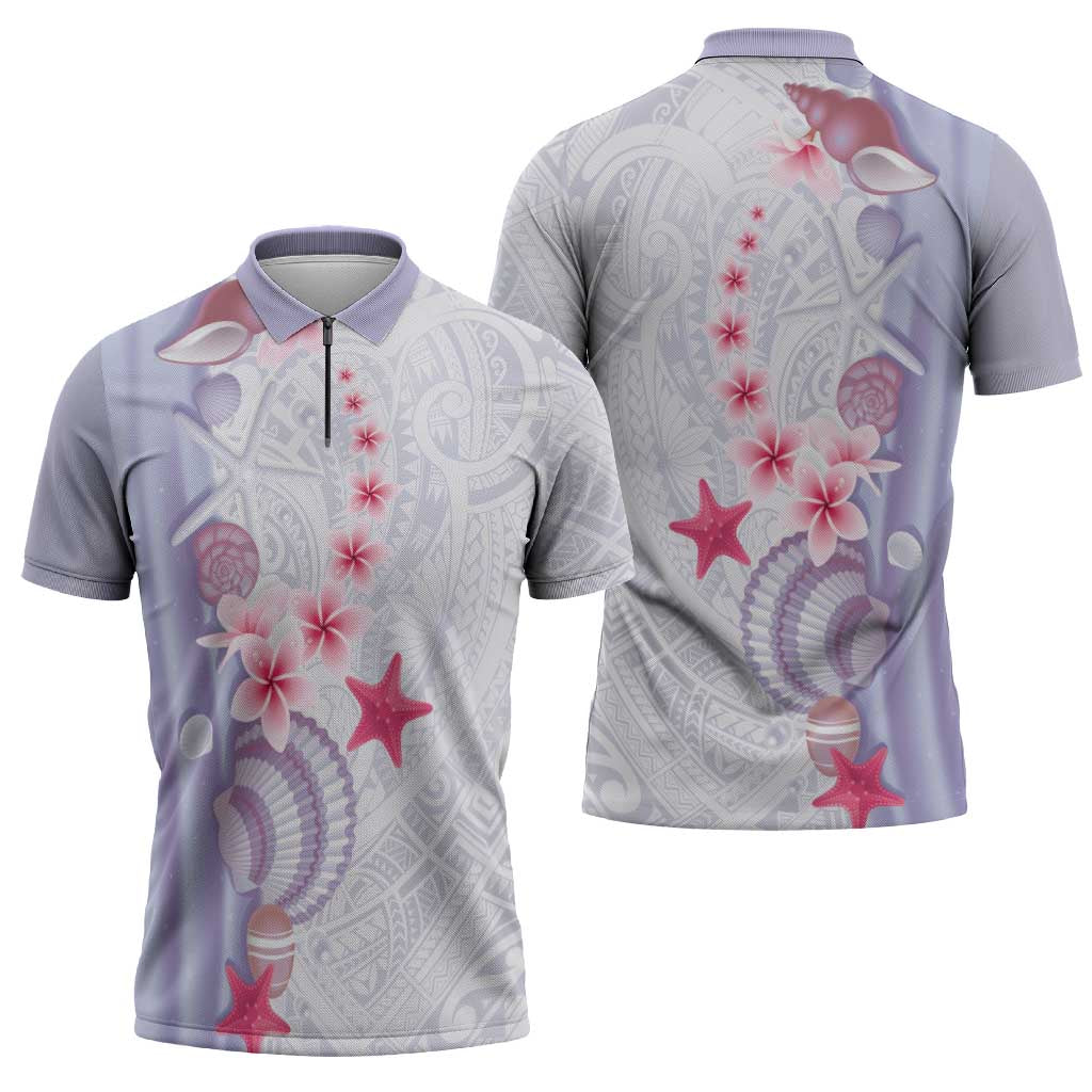 Purple Plumeria Sea Shell Zipper Polo Shirt Starfish Polynesian Pattern - Polynesian Pride