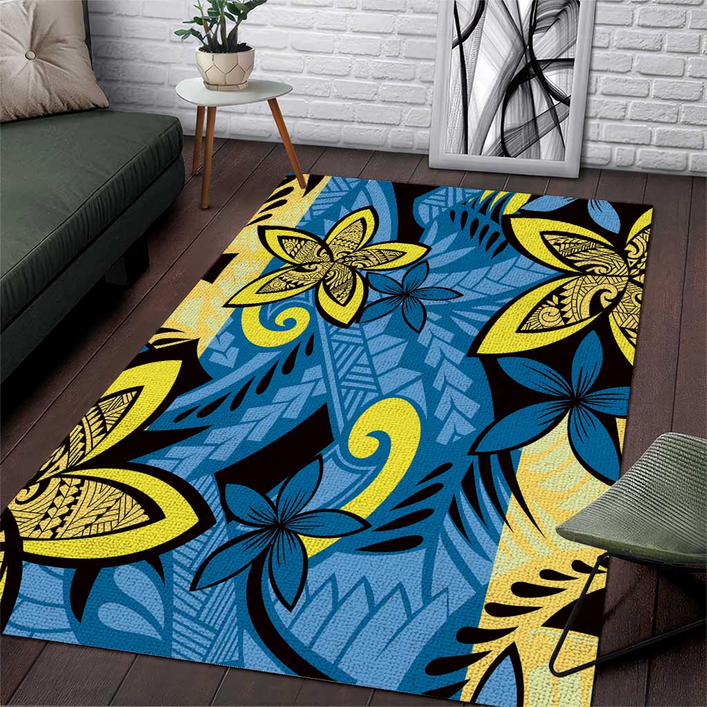 Plumeria Polynesian Pattern Area Rug Unique Fantasy Blue Yellow
