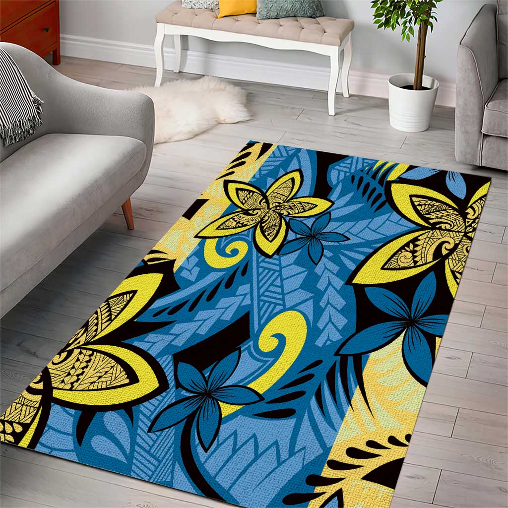 Plumeria Polynesian Pattern Area Rug Unique Fantasy Blue Yellow